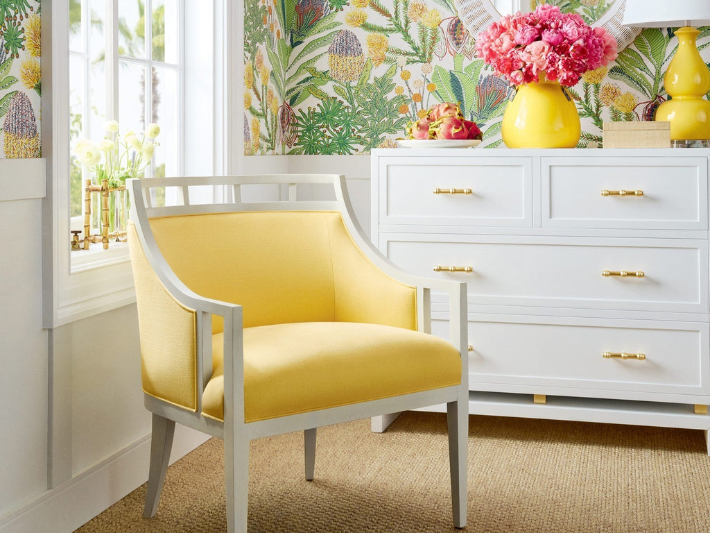 Thibaut Malibu chair upholstered in bright yellow Prisma fabric