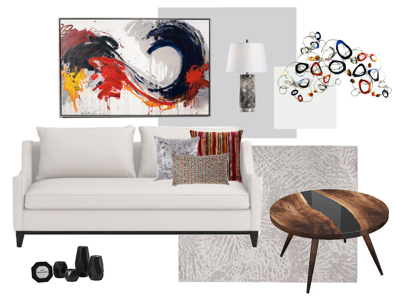 E-Design.  Interior design services, from the comfort of your own home! This board is an example: Red and Black accents on a neutral background.